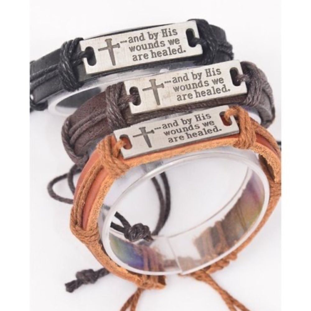 Brown Leather Christian Bracelets Adjustable Unisex